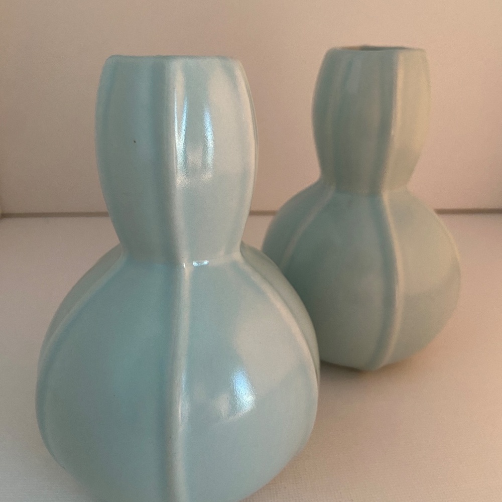 Two Vintage Celadon Pottery blue ribbed bulbous gourd vases matte finish 5"